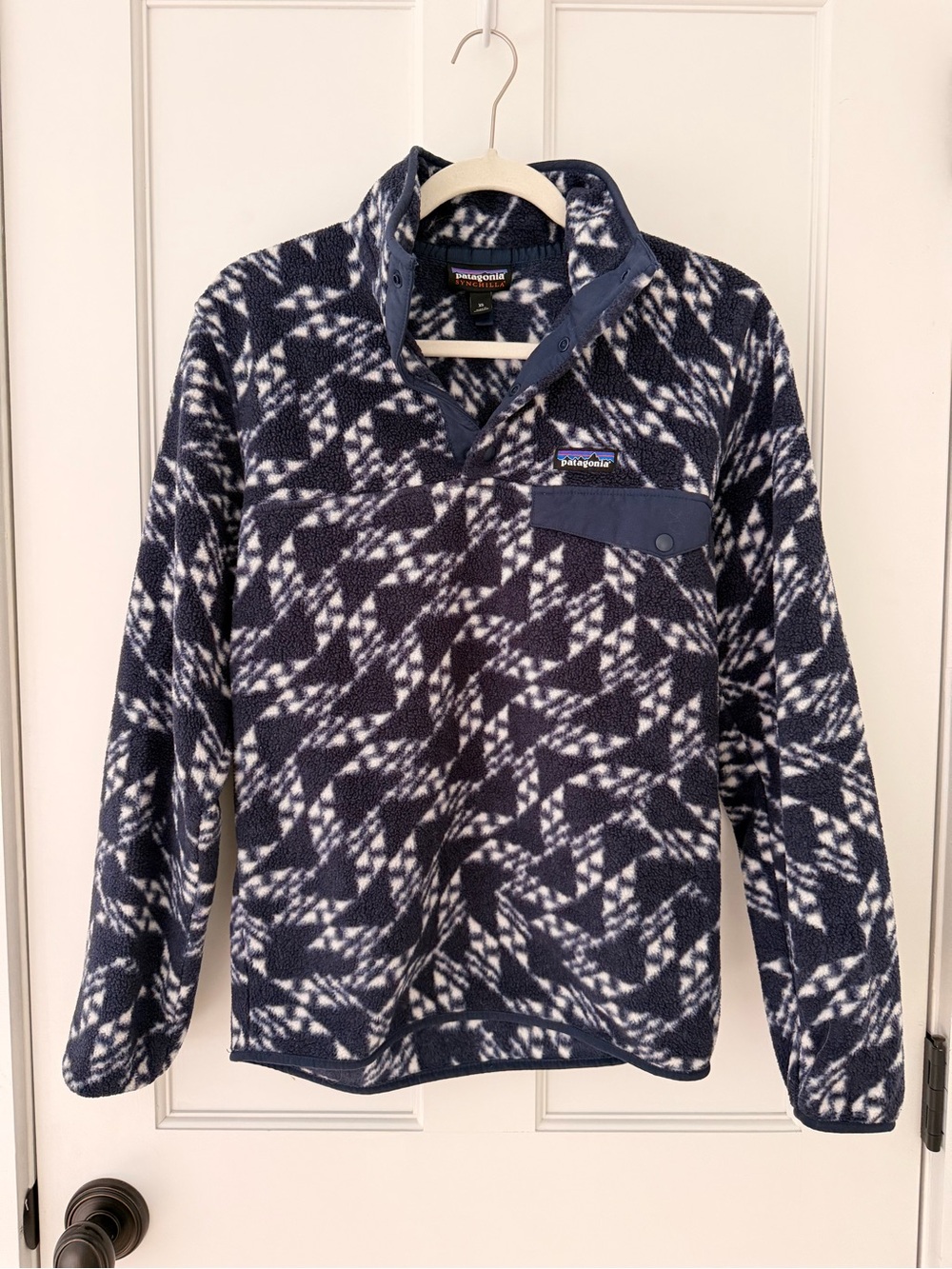 Patagonia Kids Navy and White Geometric Snap-T Fleece Pullover